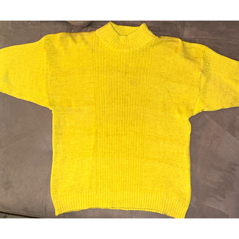 Vintage Eileen Yellow Ramie Cotton Mock Neck Sweater Womens Large Ribbed 80s 90s